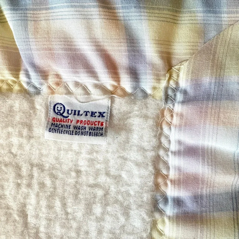 Vintage Quiltex Baby Blanket Pastel Plaid Puppy Kitten Seesaw White Union USA